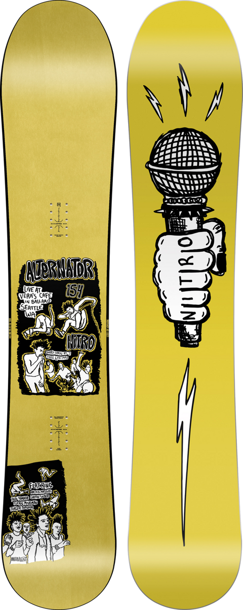 Nitro Alternator 154 yellow snowboard with punk concert graphic and microphone logo base