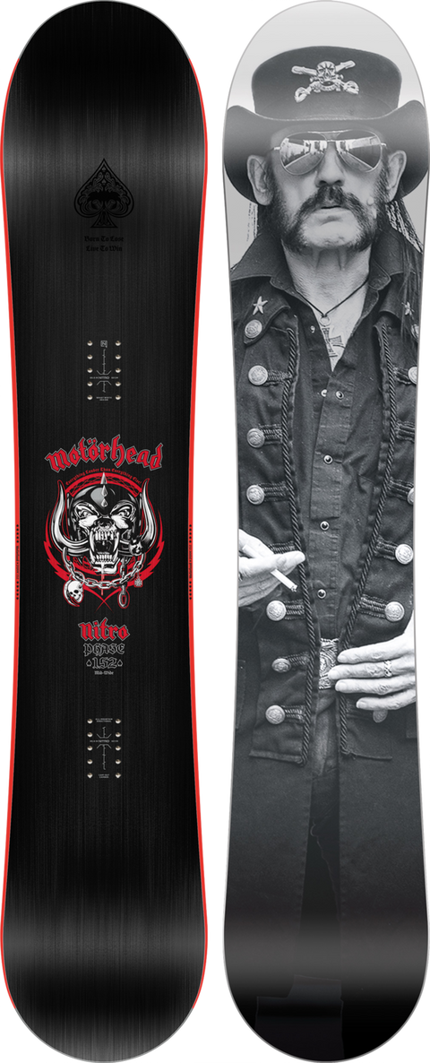 Nitro Phase x Motörhead 152cm snowboard showing black top with logo and Lemmy graphic base