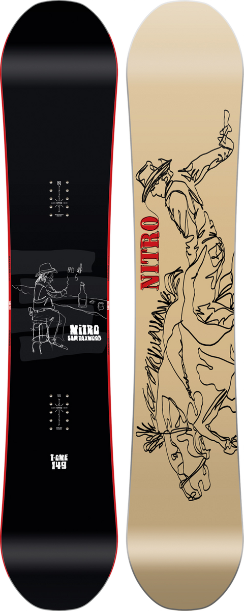 Nitro T1 149cm snowboard black top sheet and tan base with cowboy graphic