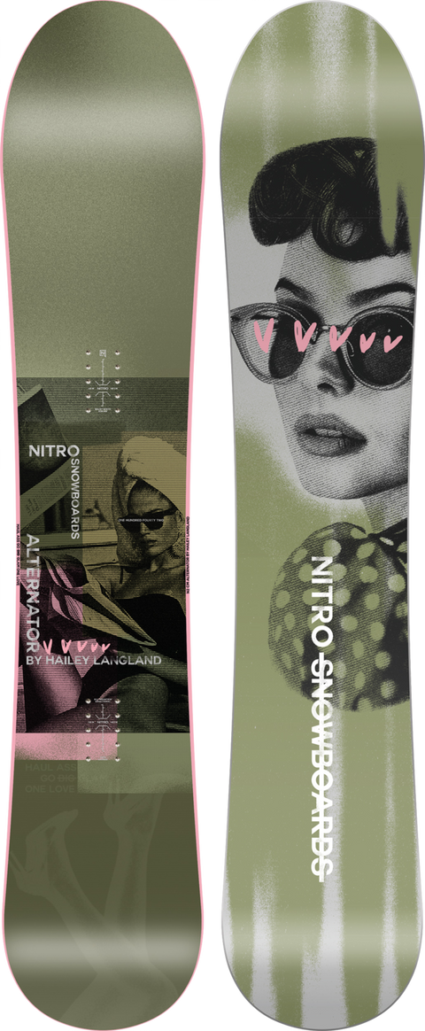 Nitro Alternator x Hailey Langland olive green snowboard, top and base views