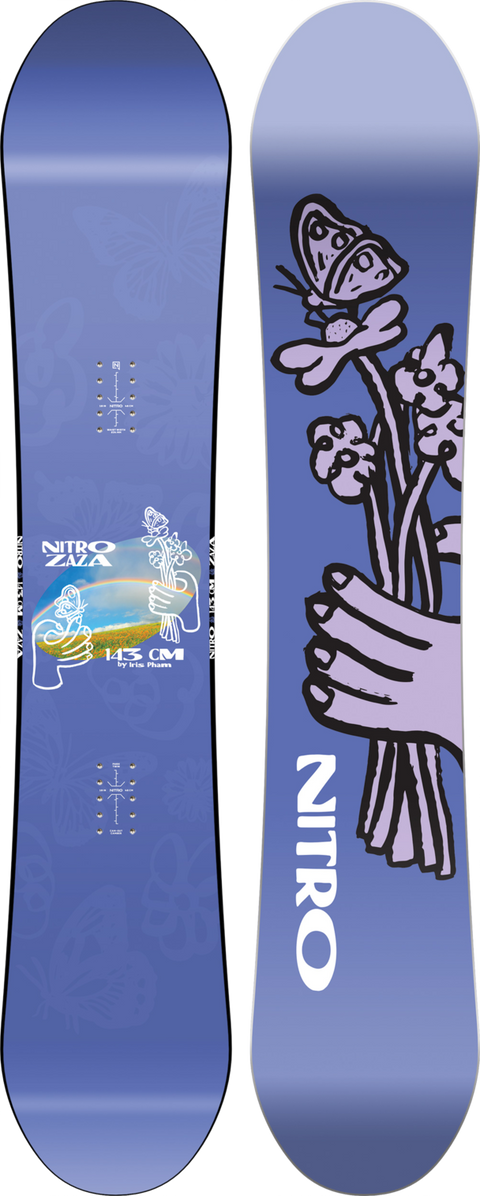 Nitro Zaza 143cm purple snowboard with floral butterfly graphic, top and base views