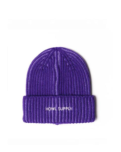 Howl Supply purple ribbed knit beanie with white embroidered logo on cuff