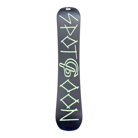 Black twin snowboard with neon green graffiti-style SpotGoon graphic on top sheet
