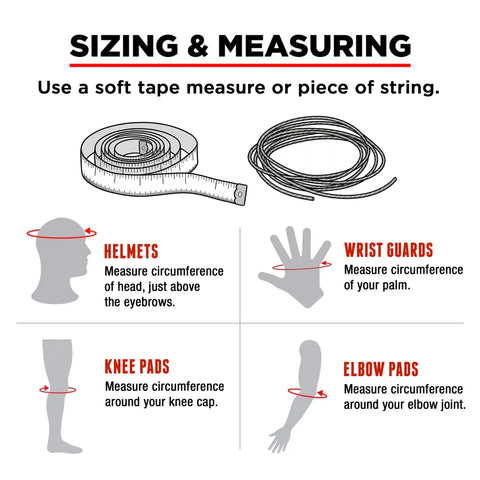 Sizing guide showing how to measure head, palm, knee, and elbow for protective gear