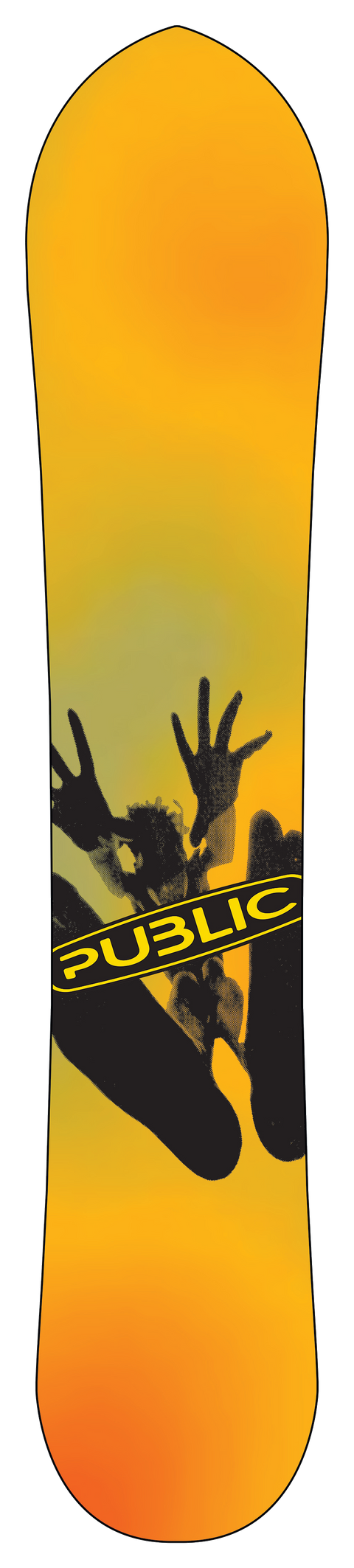 Public Snowboards Outreach 2027 snowboard with orange gradient and silhouette graphic