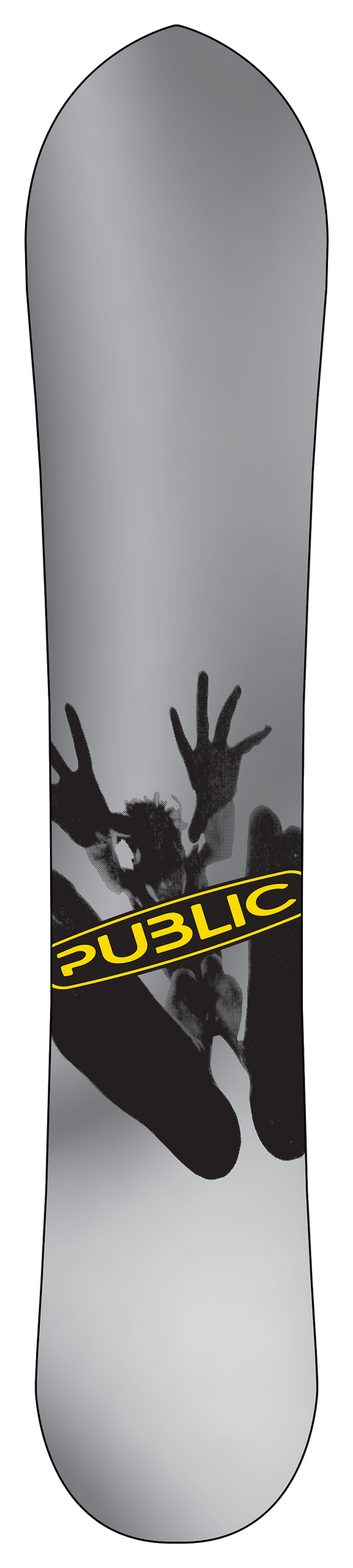 Public Snowboards Outreach 2027 gray board with silhouette graphic and yellow logo