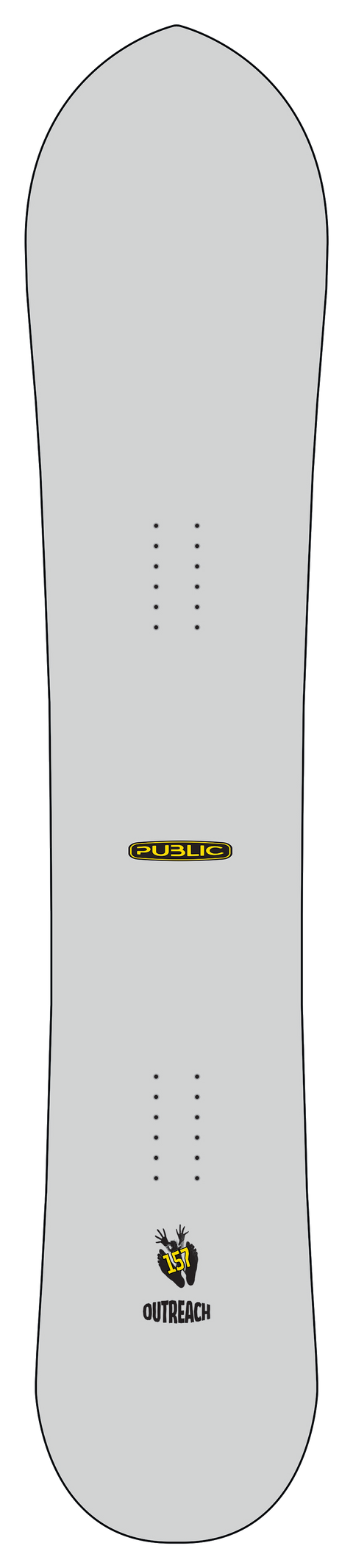 Public Snowboards Outreach 2027 snowboard, light gray deck with yellow logo