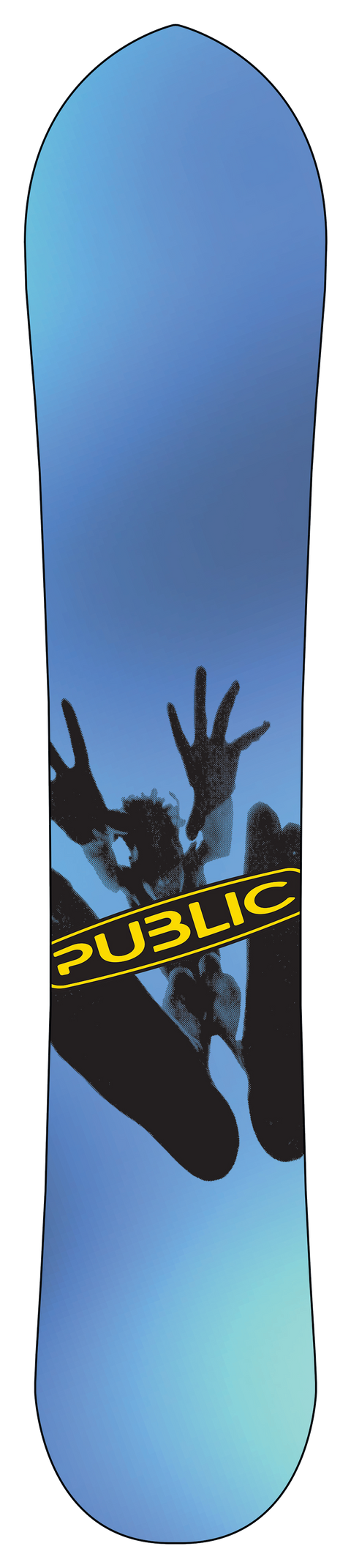 Public Snowboards Outreach 2027 blue snowboard with black silhouette graphic and yellow logo