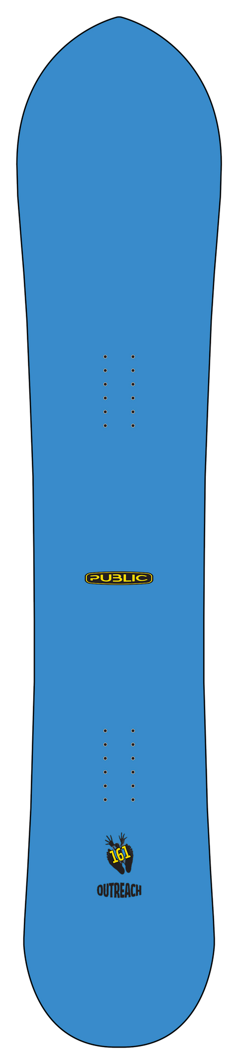 Public Snowboards Outreach 161 snowboard, solid blue top sheet with binding inserts