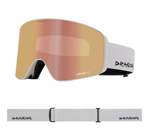 Dragon Slain MAG ski goggles, white frame, rose gold cylindrical Luma lens, white strap