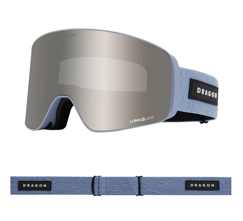 Dragon Slain MAG ski goggles in blue with silver mirrored Lumalens and patterned strap