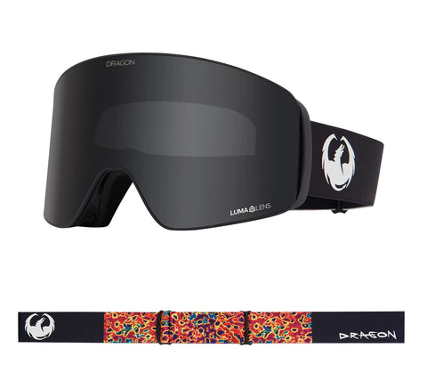 Dragon Slain MAG black ski goggles with dark lens and colorful bonus strap