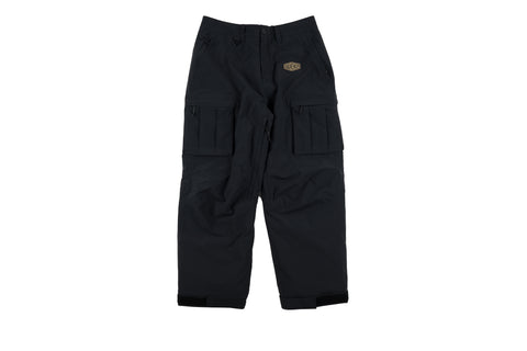 Black insulated cargo snow pants with large zippered pockets and velcro cuffs