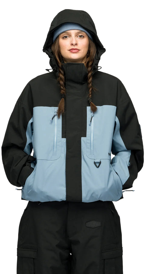 Souvenir S2000 Insulated Jacket in black and dusty blue colorblock with hood