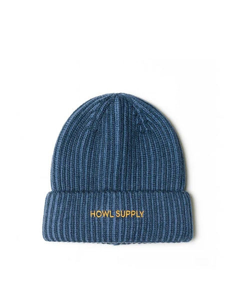 Howl Supply ribbed knit beanie in washed blue with gold embroidered logo