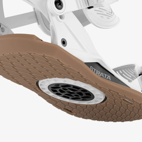 Union Strata snowboard bindings white frame gum rubber sole disc mount detail