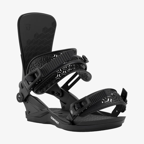 Union Contact men's snowboard bindings in all-black with geometric strap pattern
