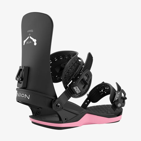 Union Contact men's snowboard bindings in black with pink base, Spring Break edition
