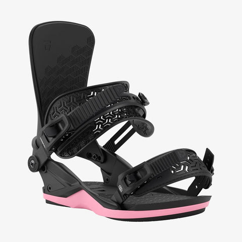 Union Contact men's snowboard bindings in black with pink base accent
