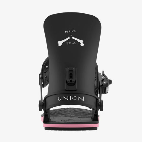 Union Contact men's snowboard bindings in black with pink base, Spring Break edition
