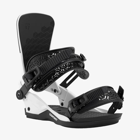 Union Contact men's snowboard bindings in black and white with ankle straps