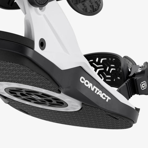 Union Contact men's snowboard bindings in black and white, close-up detail view