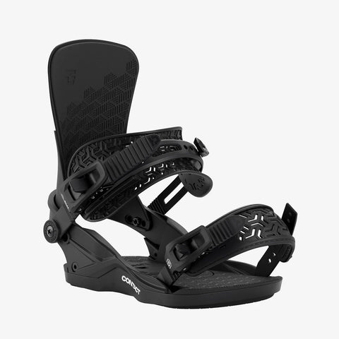 Union Contact women's snowboard bindings in all-black with geometric strap pattern