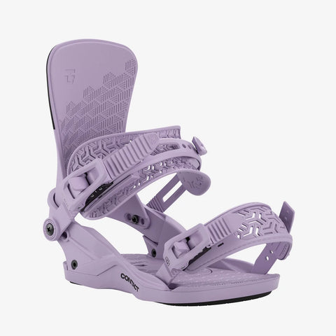 Union Contact women's snowboard bindings in lavender purple with geometric pattern