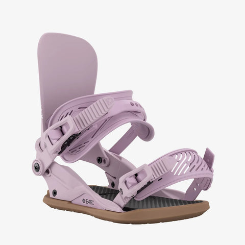 Union Legacy snowboard bindings in lavender purple with tan baseplate