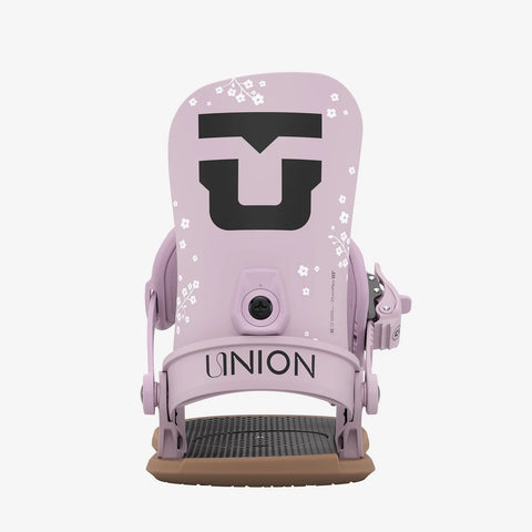 Union Legacy snowboard bindings in lavender with floral print and black logo
