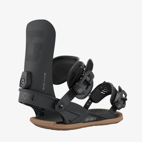 Union Legacy snowboard bindings in black with gum sole, toe and ankle straps