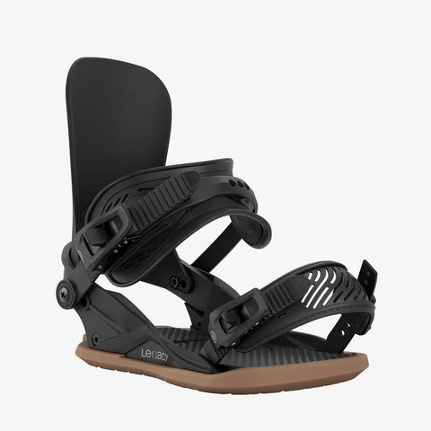 Union Legacy snowboard bindings in black with tan gum sole baseplate