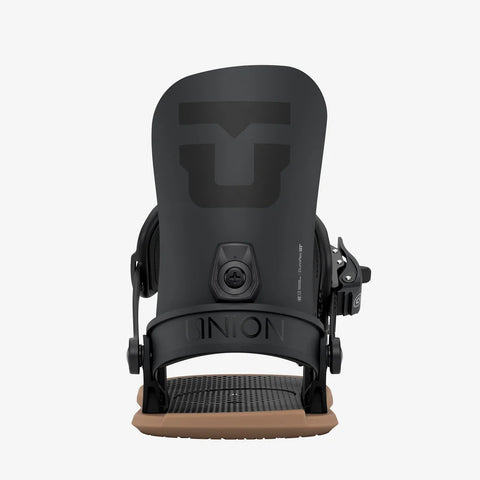 Union Legacy snowboard bindings in black with tan basepad, rear view