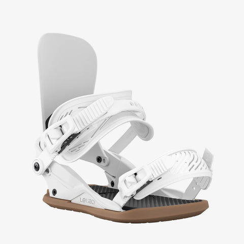Union Legacy snowboard bindings in white with tan gum sole baseplate
