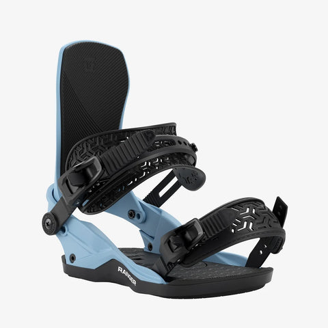 Union Ranger snowboard bindings in blue and black with adjustable straps