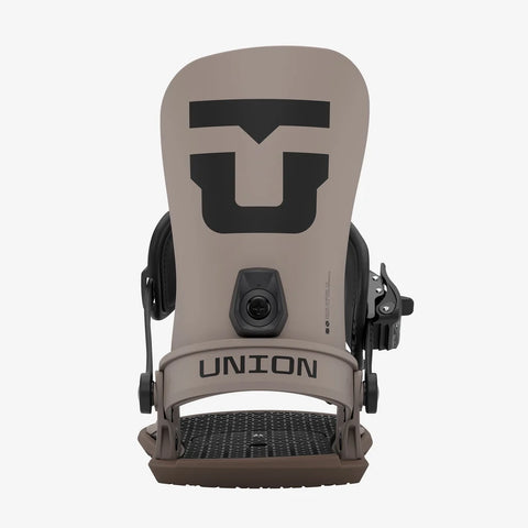 Union Strata snowboard bindings in warm taupe with black highback logo and toe strap