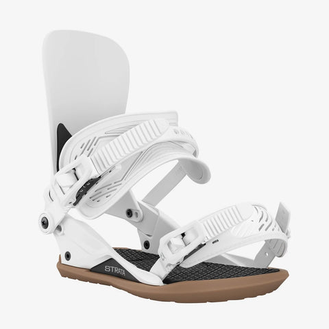 Union Strata snowboard bindings in white with tan baseplate and black footbed