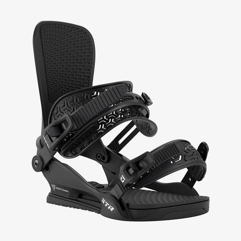 Union STR snowboard bindings in all-black with toe and ankle straps