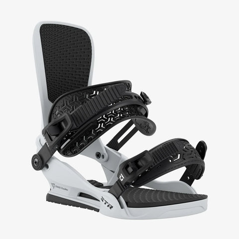 Union STR snowboard bindings in white and black with two adjustable straps