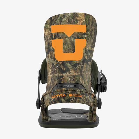 Union Ultra men's snowboard bindings in camo print with orange U logo
