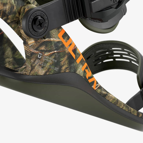 Union Ultra men's snowboard bindings in camo print with orange logo accents