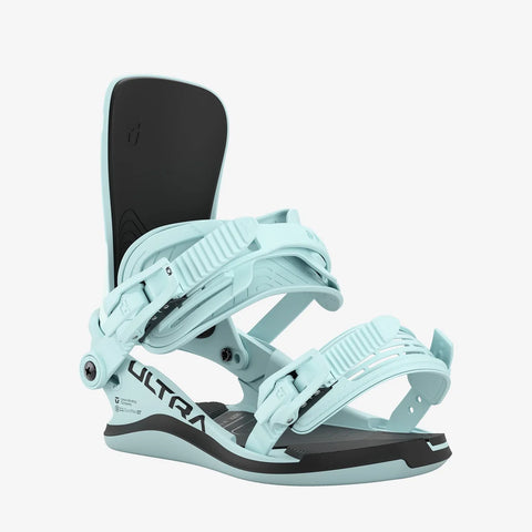 Union Ultra women's snowboard bindings in mint blue with black highback