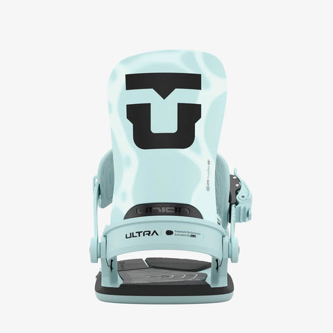 Union Ultra women's snowboard bindings in light blue marble with black logo