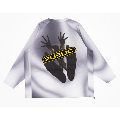 Public Snowboards Outreach Jersey 2027 long sleeve white graphic tee back view