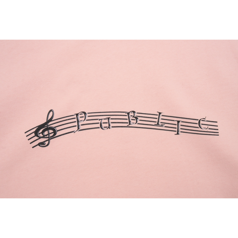 Pink hoodie with musical staff and treble clef graphic spelling PUBLIC