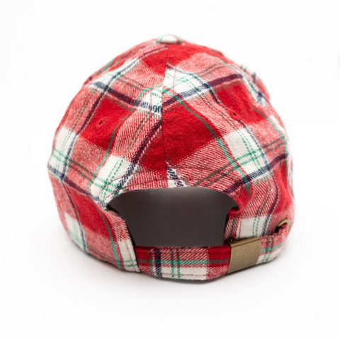 Red plaid flannel baseball cap back view with brass buckle closure