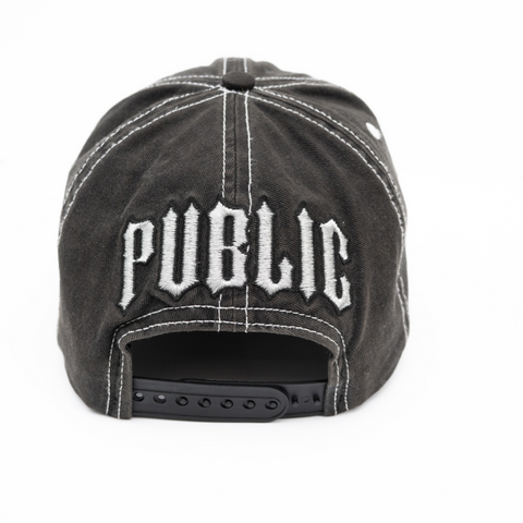 Dark gray snapback cap back view with white PUBLIC embroidery and contrast stitching