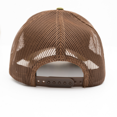 Brown mesh trucker cap back view with snapback closure and gold button