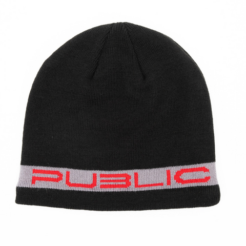 Black knit beanie with gray stripe and red PUBLIC logo lettering