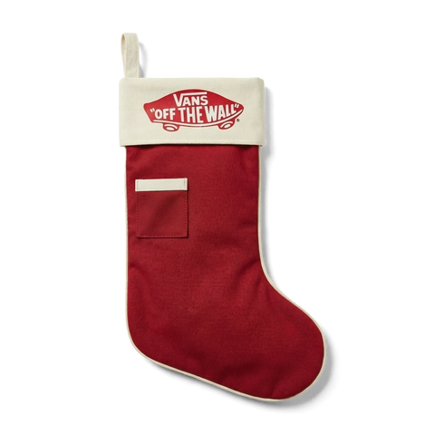 Red canvas Christmas stocking with cream cuff featuring Vans Off The Wall logo